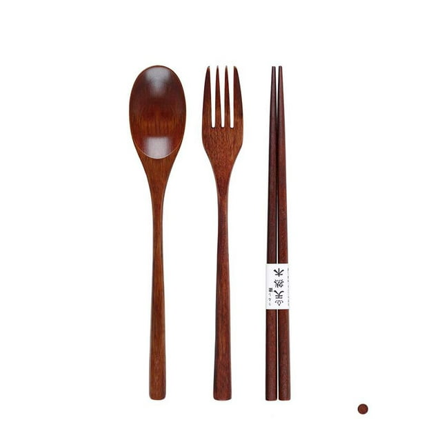 High Quality Natural Wooden Fork Spoon Chopsticks Tableware W/Pouch Set New 